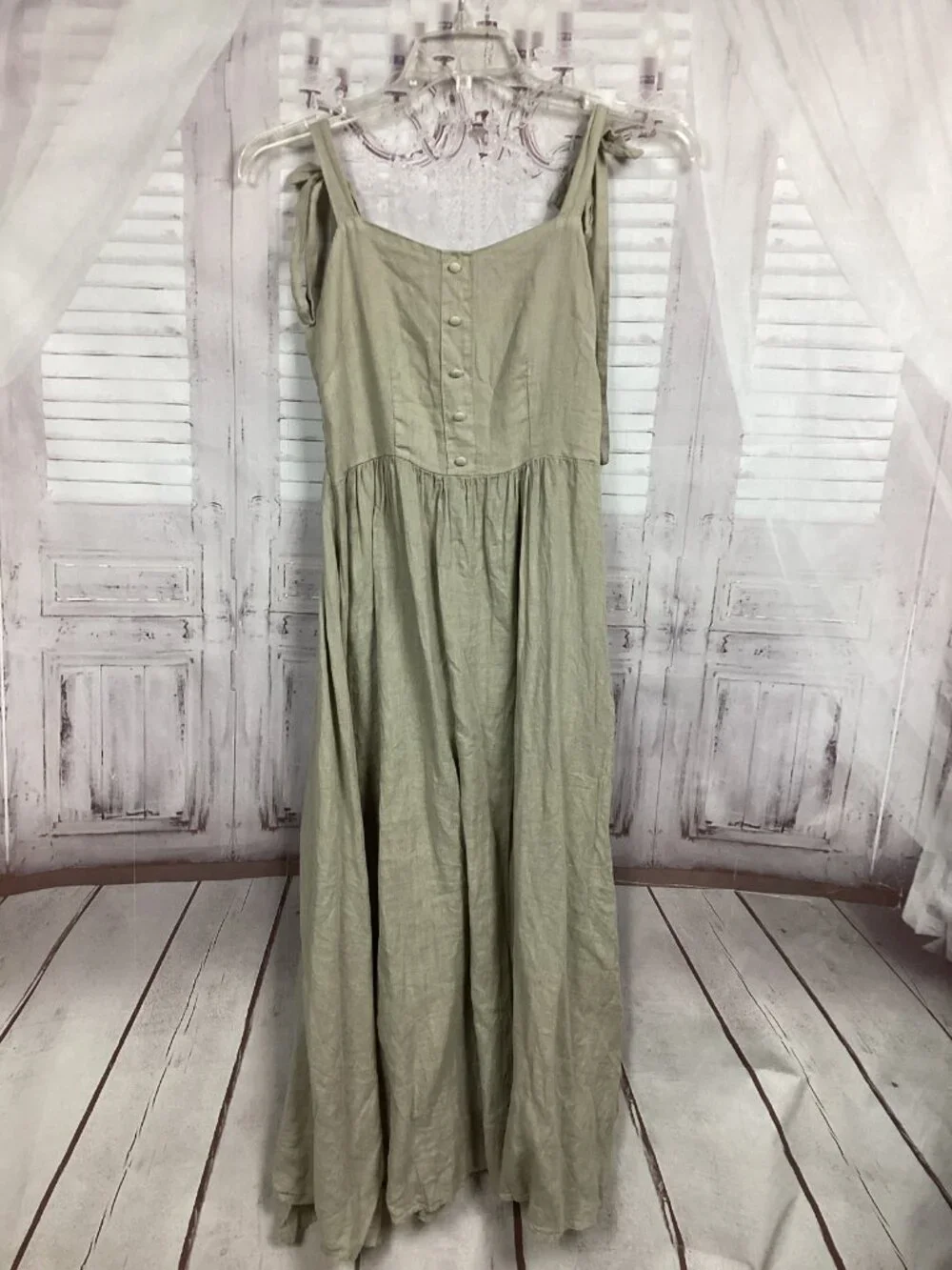 Francesca Bettini Linen Dress Khaki Midi Tied Straps S - Picture 9 of 9